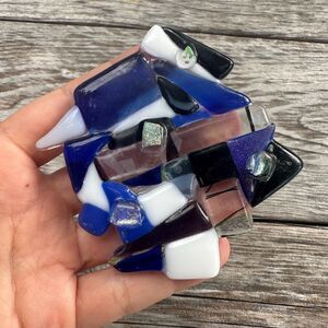 Vintage Jewelry Artisan Handcrafted Glass Mosaic Brooch Huge Chunky Blue Glass